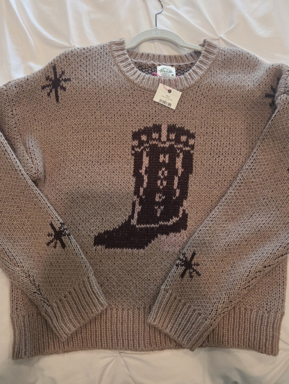 Cowboy Boot Knit Sweater in Taupe with Chocolate Boot Motif with hint of pink.
